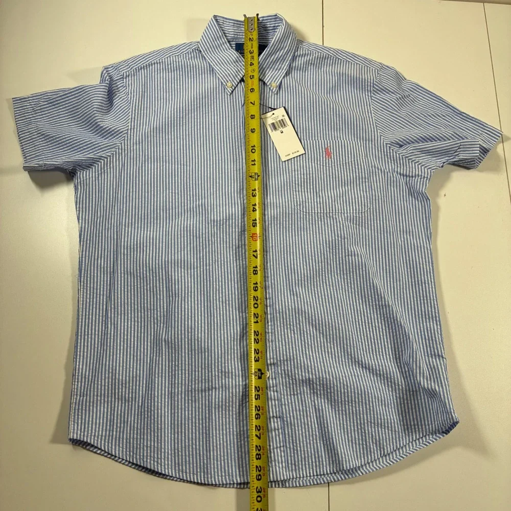 NEW Polo Ralph Lauren Seersucker Shirt Medium Blue Striped RL Untucked Fit